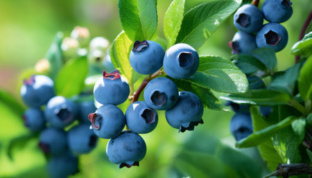 Blueberries on a bush in the garden. Shallow depth of fieldの素材