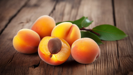Apricots with leaves on a wooden background. Selective focus.の素材