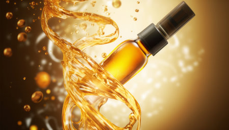 Cosmetic pipette with golden liquid on abstract background. 3d illustrationの素材
