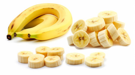Banana slices isolated on white background. Healthy eating concept. Selective focus.の素材