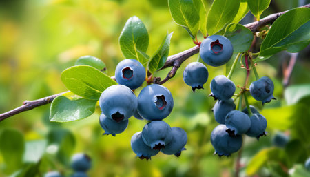 Blueberries on a branch in the garden, close-up.の素材