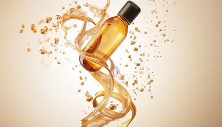 Mockup of cosmetic bottle with golden liquid splash on light backgroundの素材