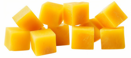 Pieces of cheddar cheese isolated on white background cutout.の素材