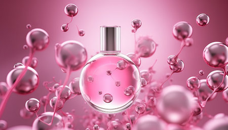 Perfume bottle with pink bubbles on pink background. 3D renderingの素材