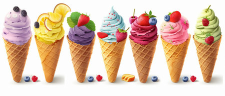 Set of colorful ice cream in waffle cones. Vector illustration.の素材