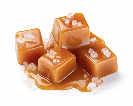 caramel candies isolated on white background close up. Top view.の素材