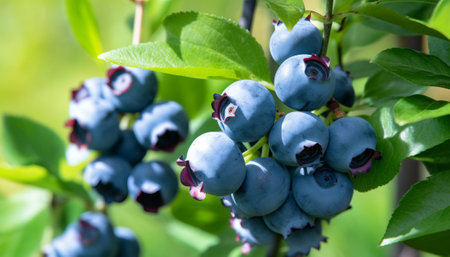 Blueberries on the branches of a bush in the garden close upの素材