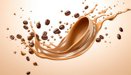Chocolate splash with coffee beans. Realistic 3d vector illustration.の素材