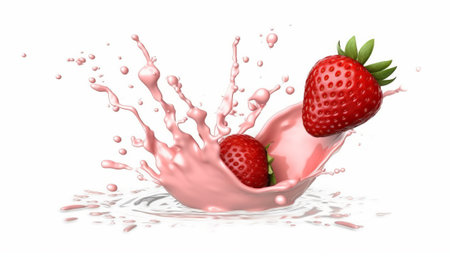 strawberry in milk splash isolated on white background 3d illustrationの素材