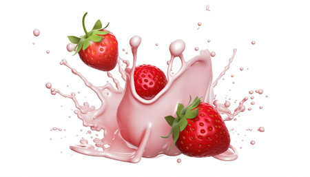 Strawberry and milk splash isolated on white background. Realistic vector illustration.の素材