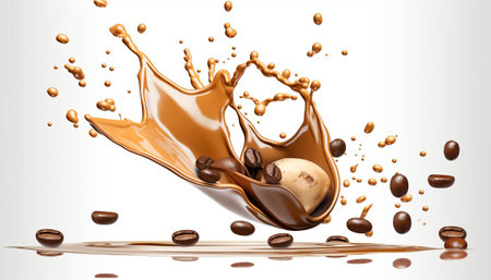 Splash of chocolate with coffee beans. 3d rendering, 3d illustration.の素材