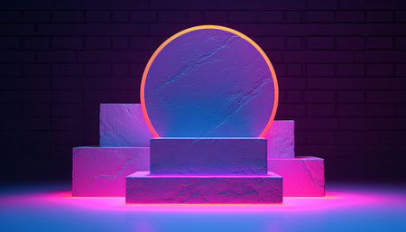 Neon podium on a brick wall background. 3d rendering.の素材