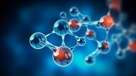 3d render of molecule on blue background. Science and medical backgroundの素材