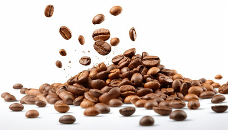 Coffee beans falling into the air isolated on a white backgroundの素材