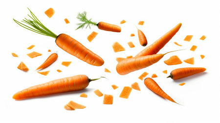 Fresh carrots isolated on white background. Top view. Flat lay.の素材