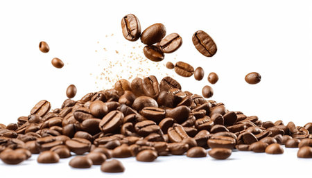 Coffee beans falling into the air isolated on a white backgroundの素材