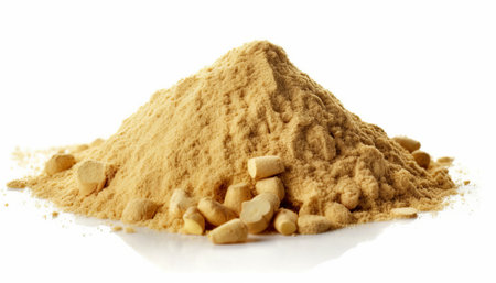 Heap of ginger powder isolated on white background. Healthy food.の素材