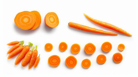 Fresh carrots isolated on white background. Top view. Flat lay.の素材