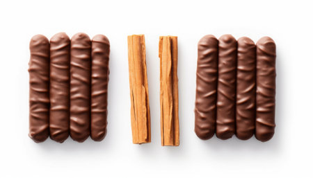 Chocolate sticks and cinnamon sticks isolated on white background, top viewの素材