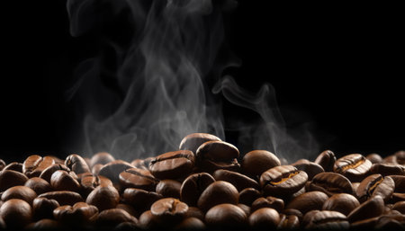 roasted coffee beans with smoke on a black background close-upの素材