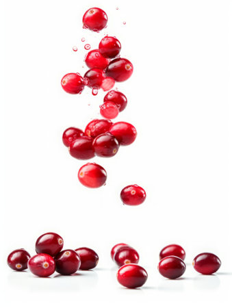 Cranberries falling into the water, isolated on a white backgroundの素材