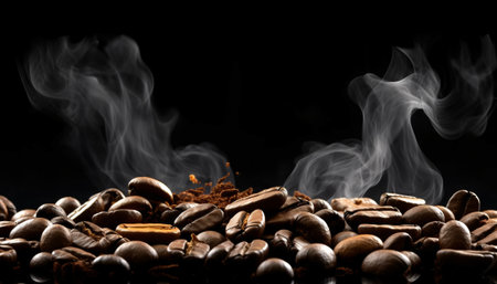 Coffee beans and ground coffee on a black background with smokeの素材
