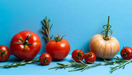 Tomatoes, rosemary and pumpkin on a blue background. Vegetarian food.の素材