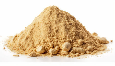 Heap of dry whey protein powder isolated on white background.の素材