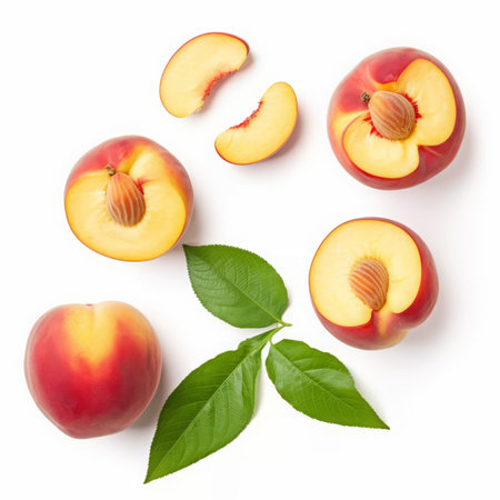 Peaches with leaves isolated on white background. Top view. Flat lay pattern.の素材