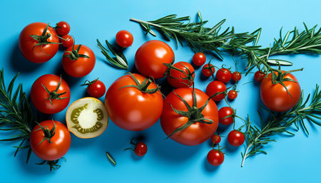 Fresh cherry tomatoes and rosemary on blue background. Top view.の素材