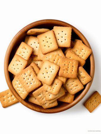 Biscuits in a wooden bowl isolated on white background. Top view.の素材