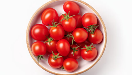 Cherry tomatoes in a wooden bowl on a white background, top viewの素材