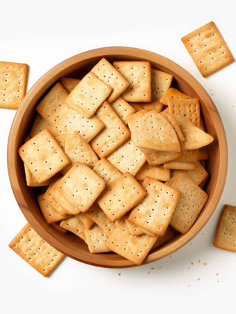 Bowl of crackers isolated on white background. Top view.の素材