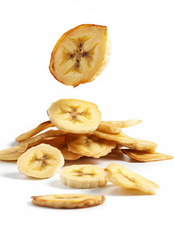 Dried banana slices isolated on white background. Healthy food concept.の素材
