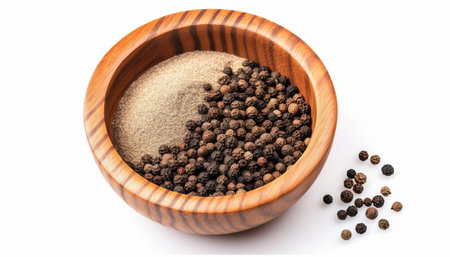 Black pepper and salt in a wooden bowl isolated on white background.の素材