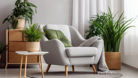 Interior of living room with armchair and plants. 3d renderingの素材
