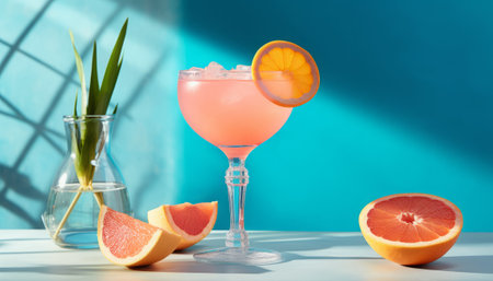 Glass of tasty cocktail with ice and grapefruit on table against color backgroundの素材