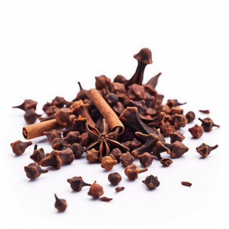 Cinnamon sticks, star anise and cloves isolated on white backgroundの素材