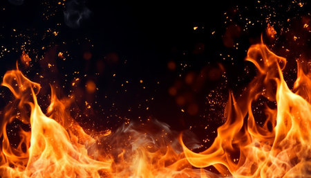 Fire flames on black background. Abstract fire flames on black background.の素材