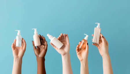 Female hands holding bottles of cosmetic products on color background, closeupの素材