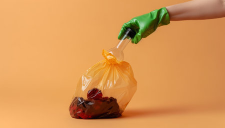 cropped view of woman in rubber glove holding plastic bag with garbage isolated on orangeの素材