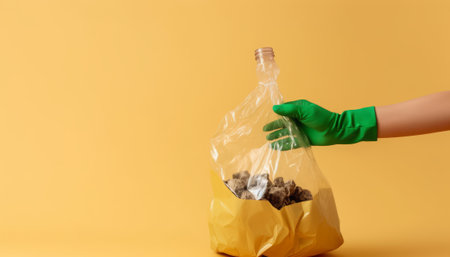 cropped view of woman in rubber glove holding plastic bag with soil isolated on yellowの素材