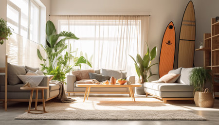 Modern living room interior design with sofa, coffee table and bookshelfの素材