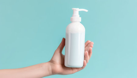 Female hand holding a bottle of liquid soap on a blue background.の素材