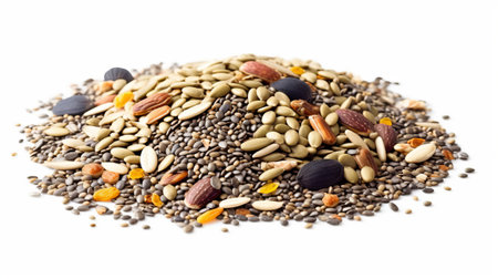 Mix of nuts and seeds on a white background. Isolated.の素材