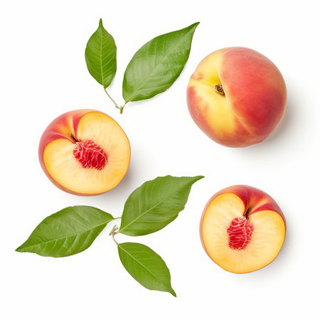 peach with leaf isolated on white background. Top view. Flat lay.の素材