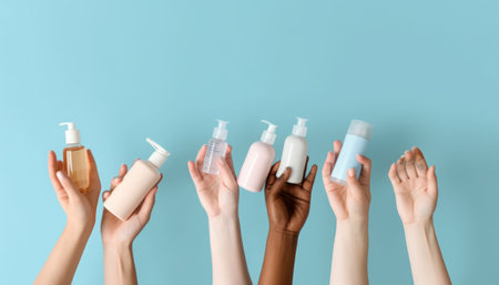 Female hands holding bottles of cosmetic products on color background, closeupの素材