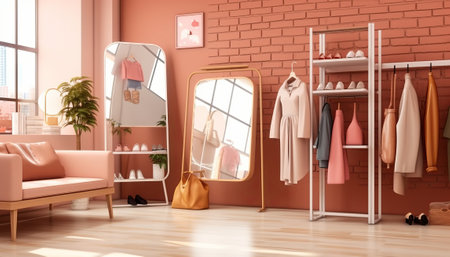 Modern interior design of dressing room with pink walls and wooden floor, 3d renderの素材