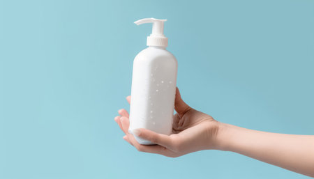 Female hand holding plastic bottle of lotion on blue background. Mock upの素材