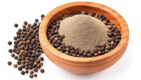 Black pepper powder in wooden bowl and black pepper on white background.の素材